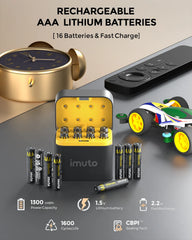 Imuto 1300mWh AAA 鋰電池套裝,含 8 槽充電器,16 節裝