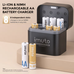 Imuto 2500mWh&2700mAh AA 鋰電池和鎳氫電池套裝,帶 8 槽充電器,8 節裝