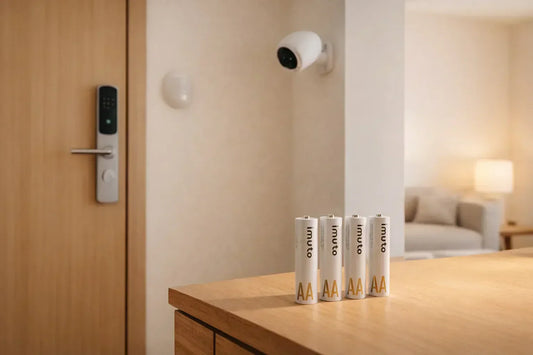 AA lithium batteries placed on a wooden table in a modern smart home with door lock and security camera in background
