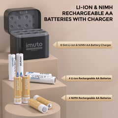 Imuto 2500mWh&amp;2700mAh AA 鋰電池和鎳氫電池套裝，帶 8 槽充電器，8 節裝