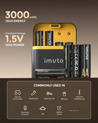 Imuto 3000mWh AA 鋰電池套裝，含 8 槽充電器，16 節裝